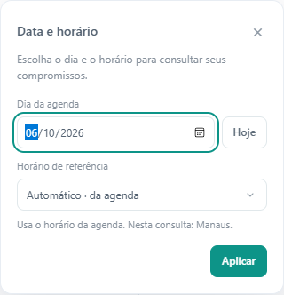 Abra Data e horário para escolher o dia da consulta e o horário de referência.