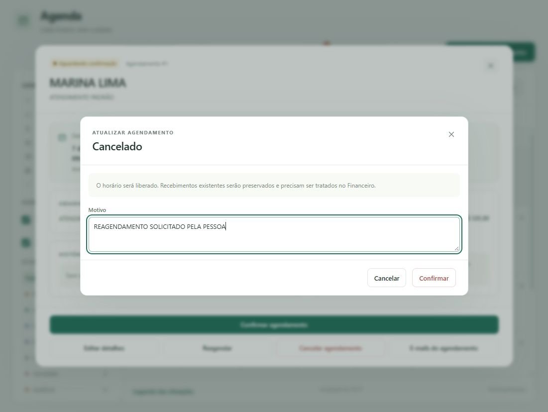 Confira o compromisso e informe o motivo ao cancelar o agendamento.