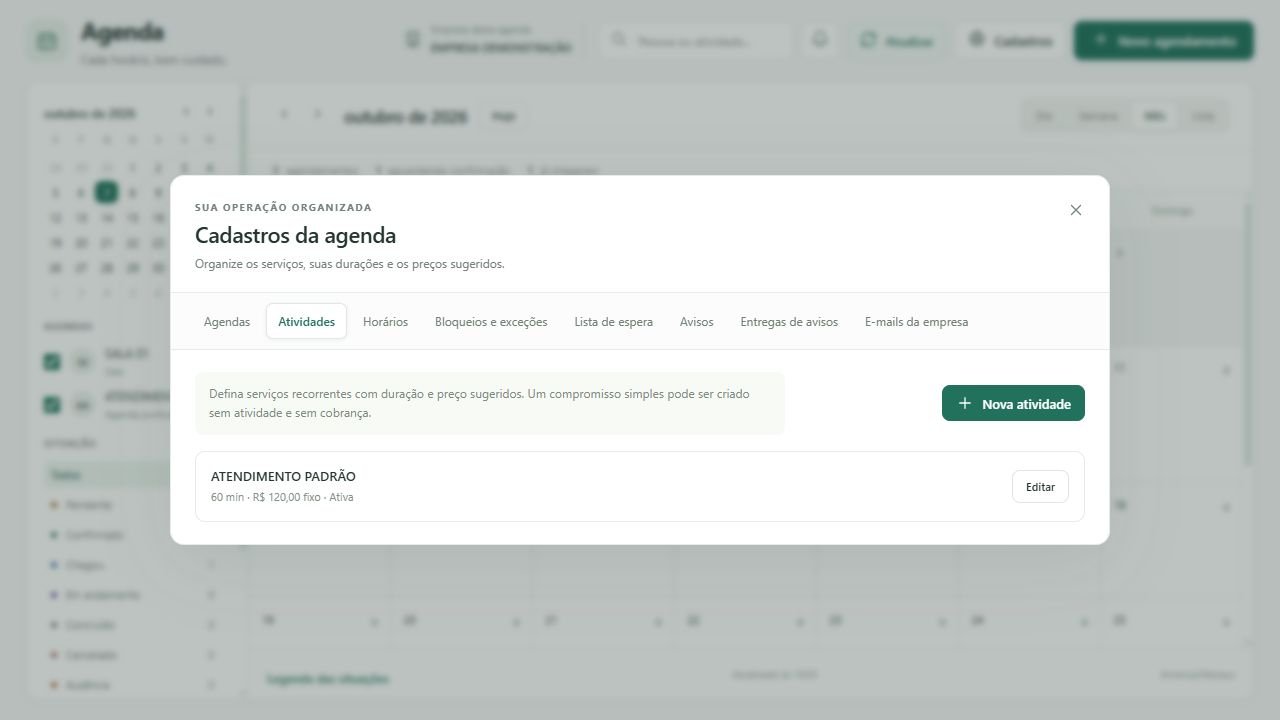 Abra Nova atividade em Cadastros da agenda.