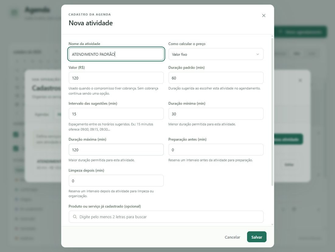 Configure o valor fixo de R$ 120,00 e as durações da atividade.