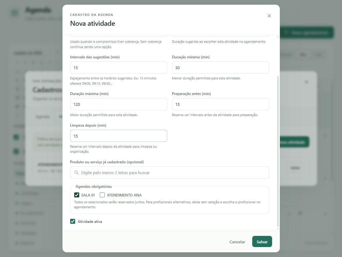 Reserve 15 minutos para preparação e 15 para limpeza; selecione as agendas obrigatórias.