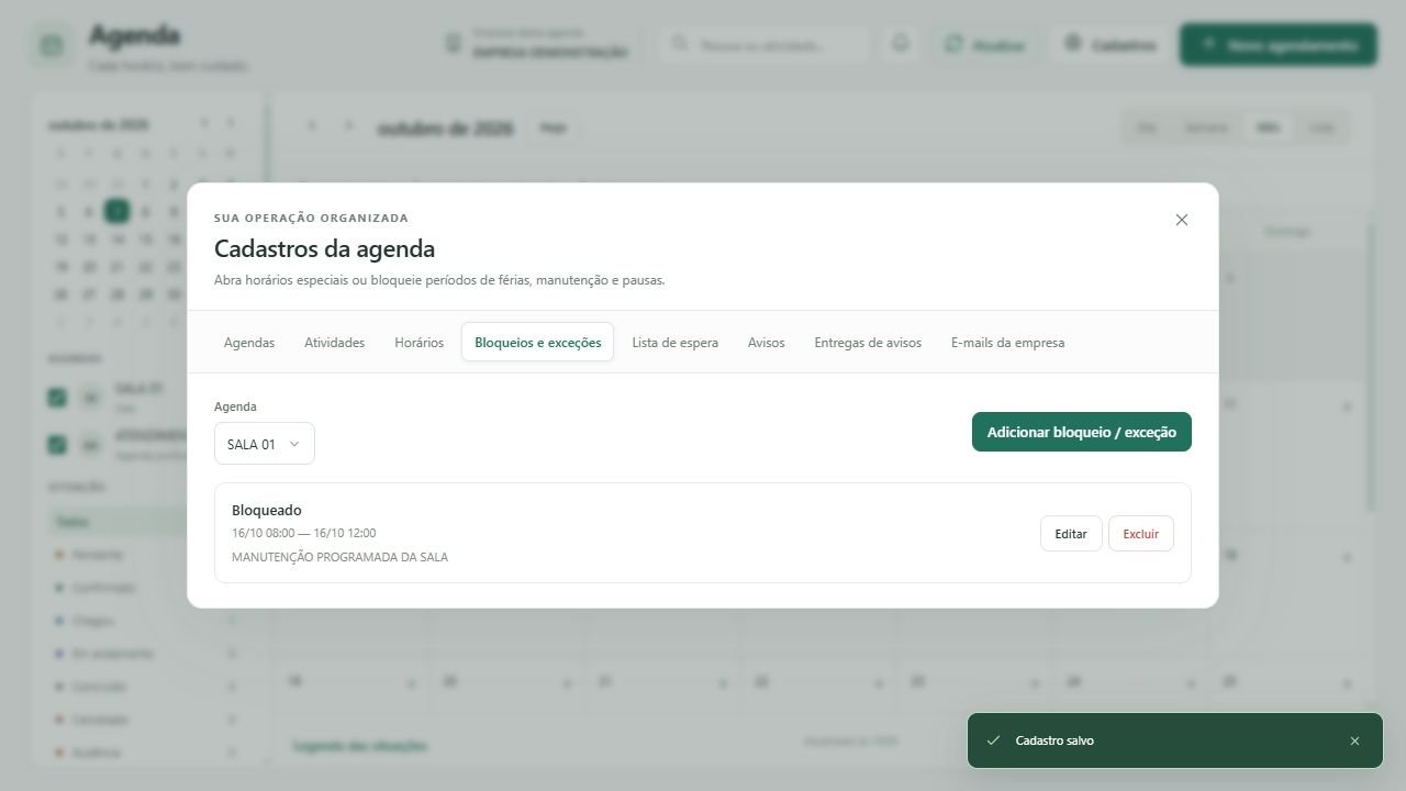 Confira o período bloqueado e as opções Editar e Excluir.