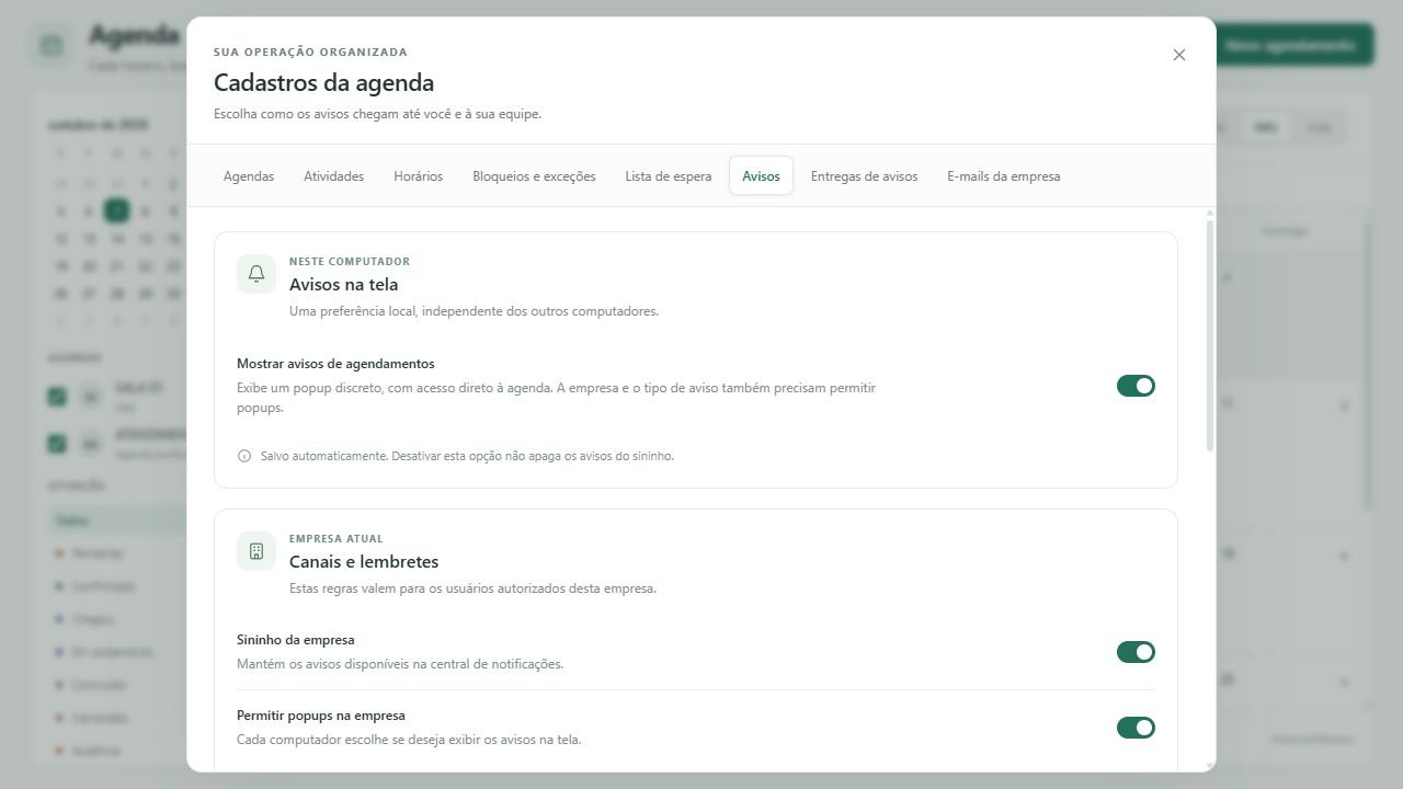 Nas preferências, configure os avisos deste computador e os canais da empresa.