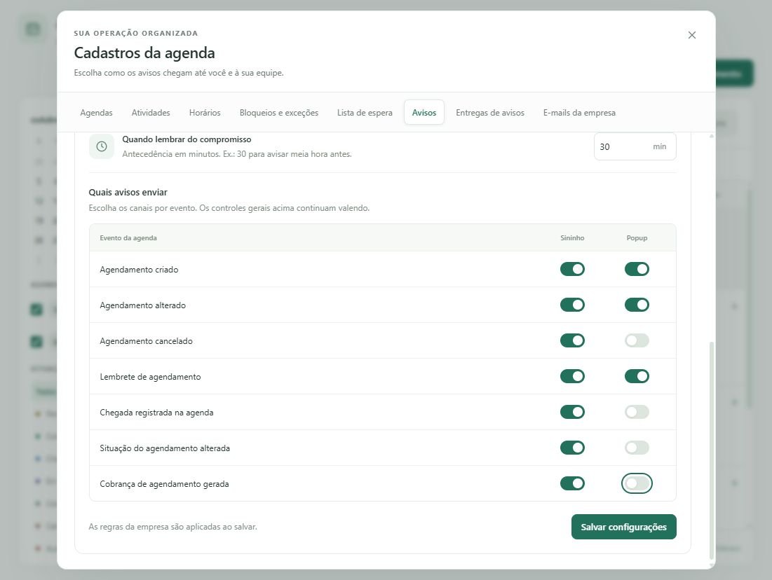Escolha os canais Sininho e Popup para cada evento da Agenda.