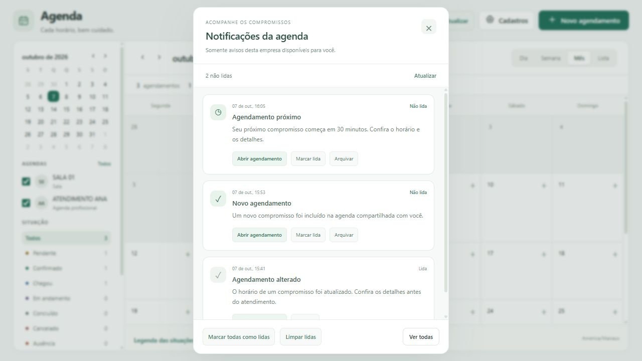 Consulte as mensagens no painel Notificações da agenda.