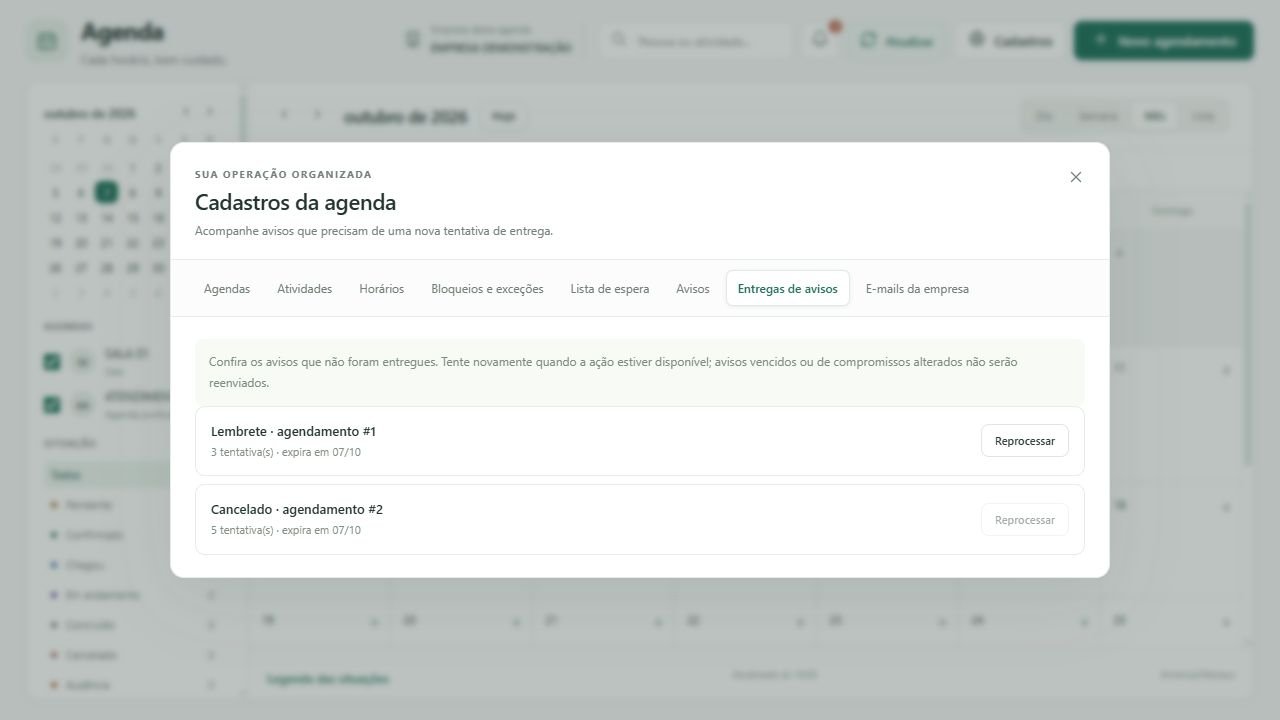 Em Entregas de avisos, consulte as falhas e as opções de reprocessamento disponíveis.