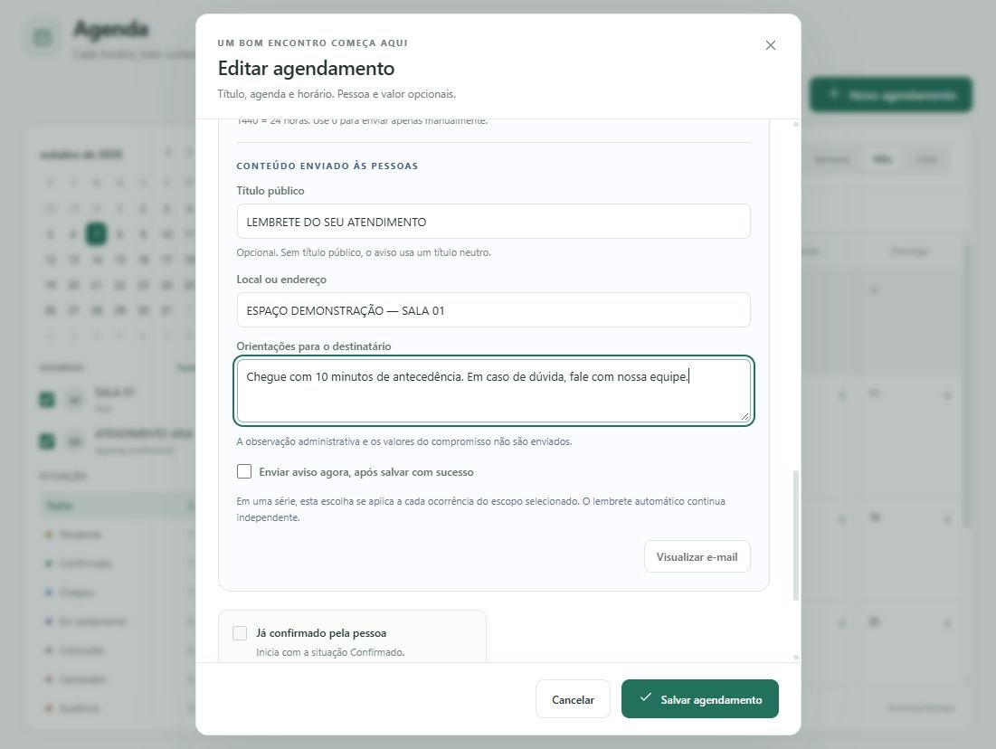 Preencha o título público, o local e as orientações que serão apresentados no e-mail.