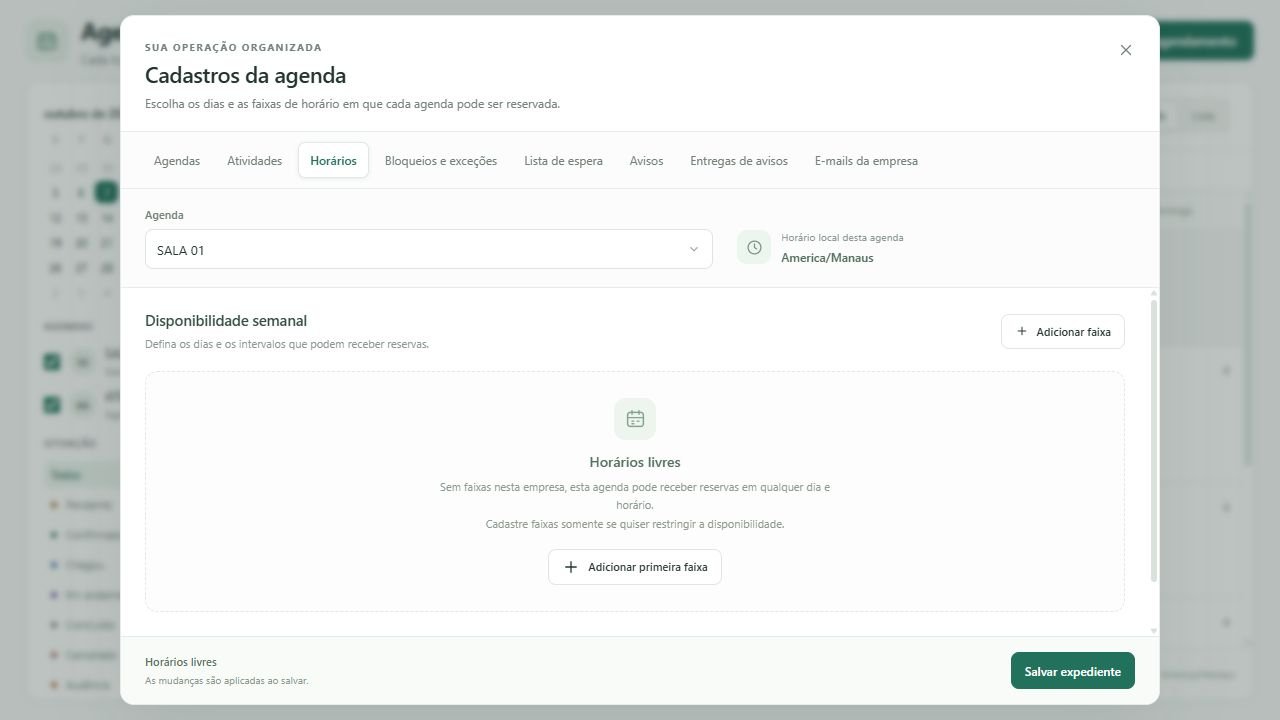 Adicione a primeira faixa para definir o expediente da SALA 01.