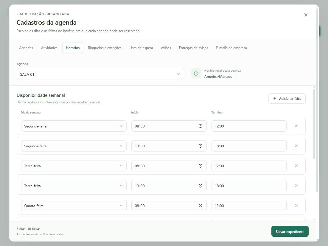 Distribua o expediente em 5 dias e 10 faixas; a lista começa por segunda a quarta-feira.
