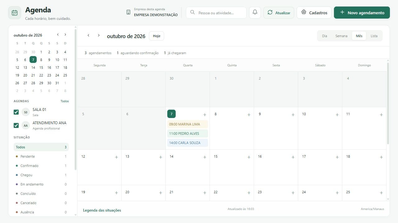 Conheça o calendário, os filtros e as ações disponíveis na Agenda.