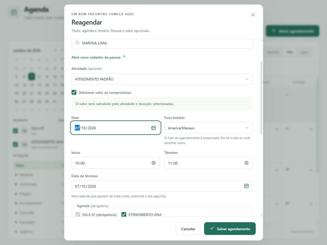 Em Reagendar, ajuste a data e os horários e confira as agendas reservadas.