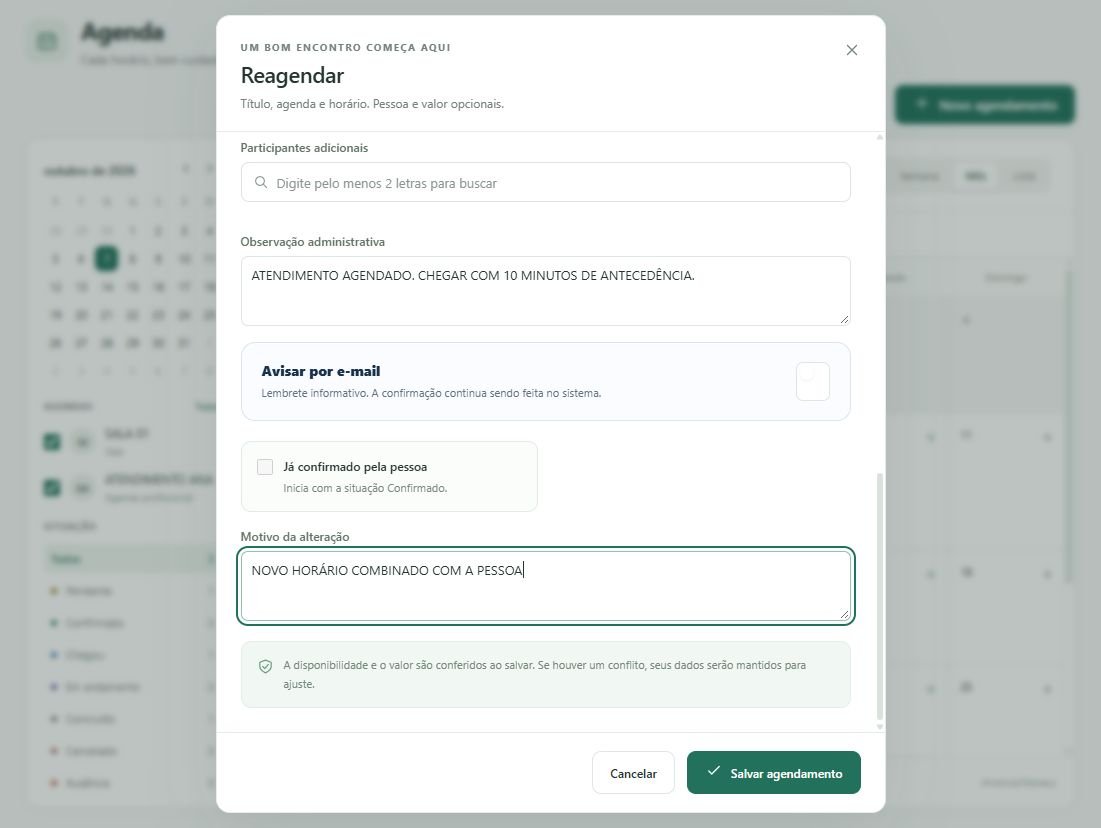 Informe o motivo da alteração antes de salvar o novo horário.