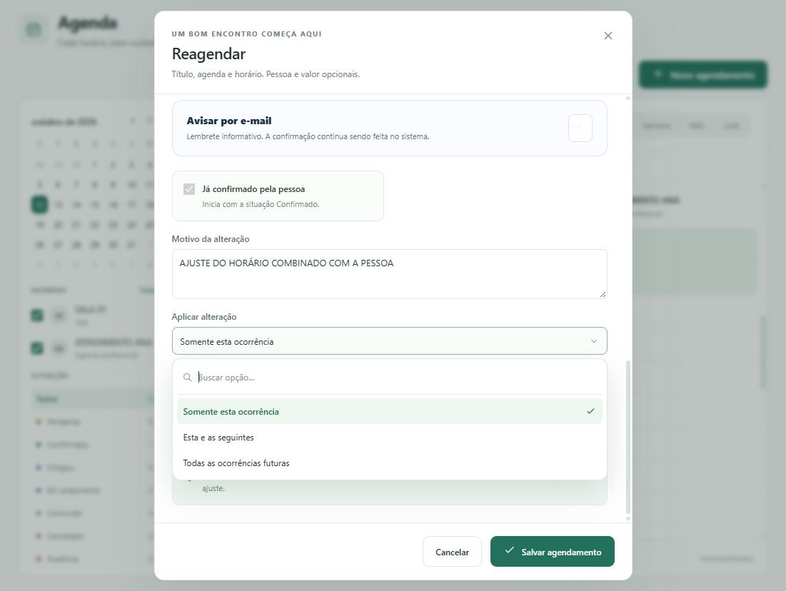 Ao alterar um compromisso recorrente, escolha quais ocorrências devem receber a mudança.