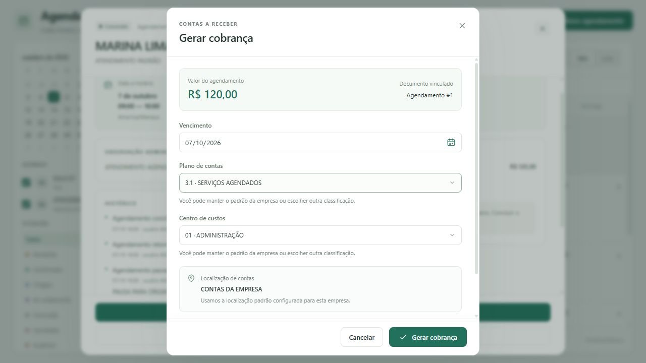 Revise o valor, o vencimento e a classificação financeira antes de gerar a cobrança.