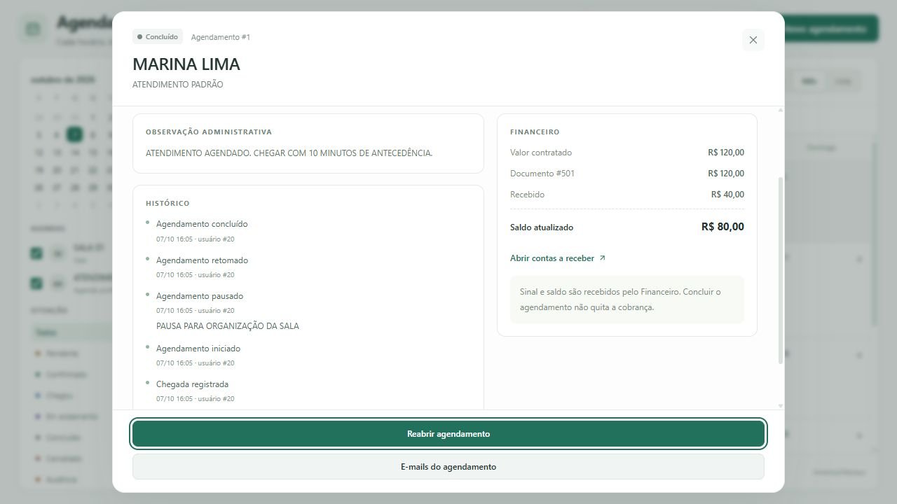 Consulte o documento vinculado, o valor recebido e o saldo atualizado no detalhe do agendamento.