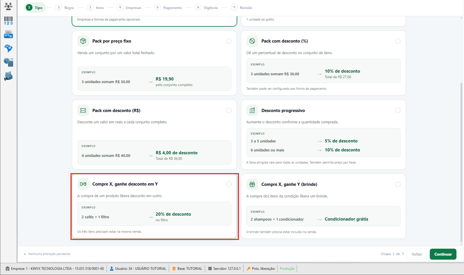 Etapa Tipo — cartão Compre X, ganhe desconto em Y