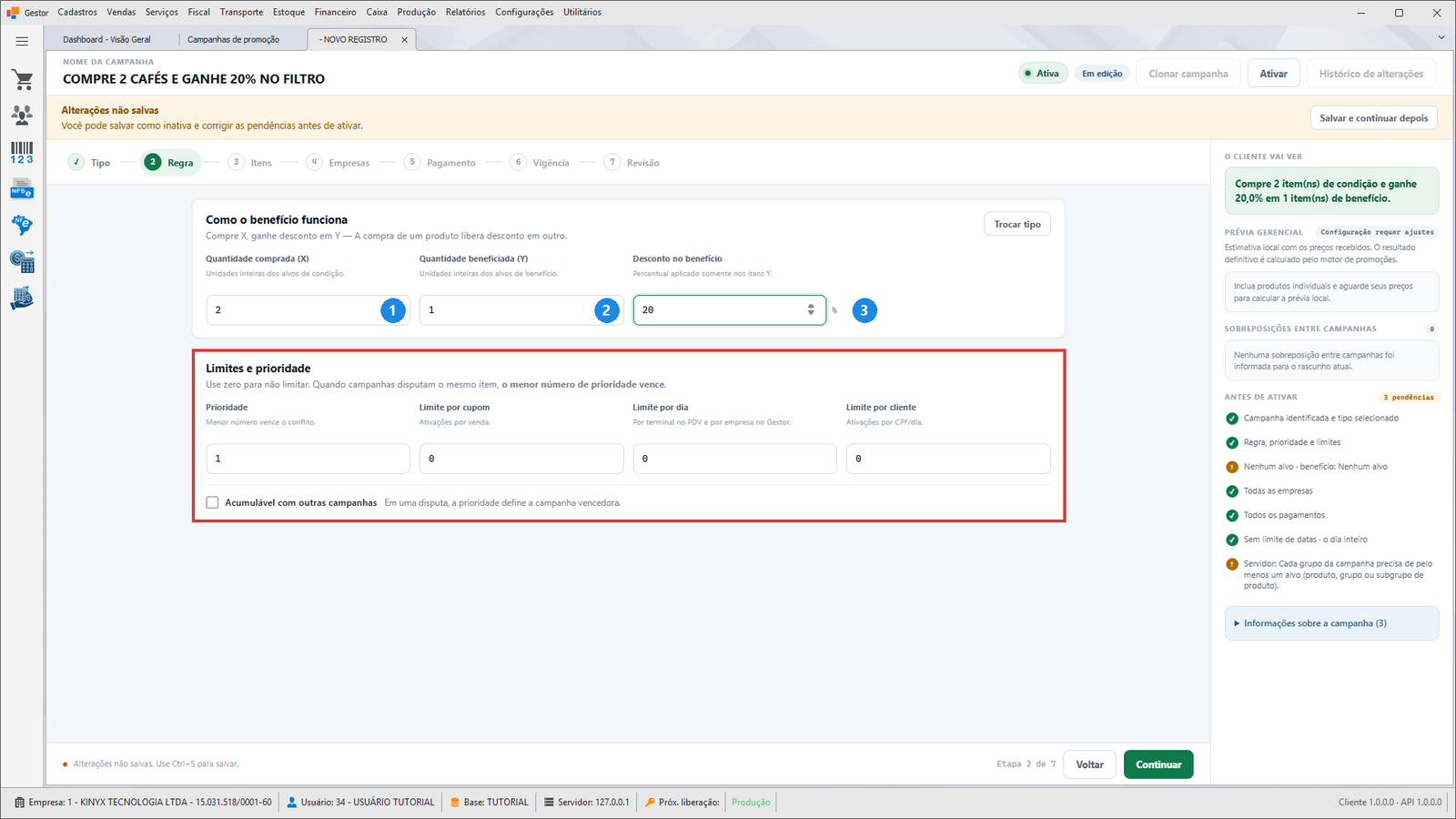 Etapa Regra — X, Y e Desconto no benefício