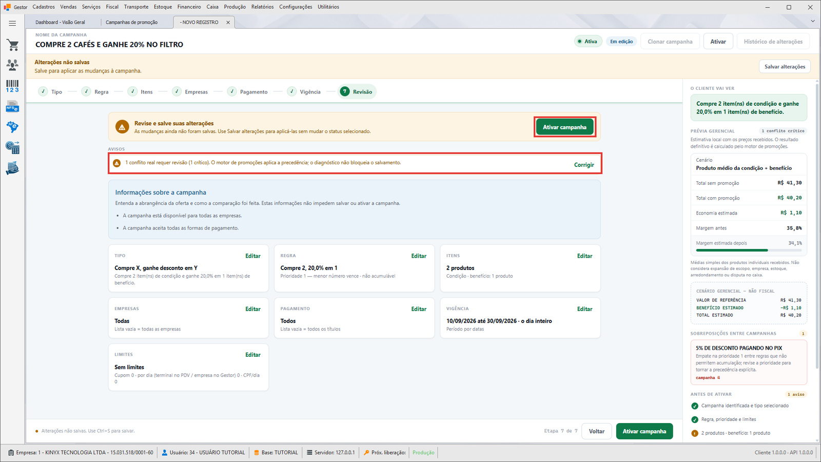 Etapa Revisão — cartões de resumo e botão Ativar campanha