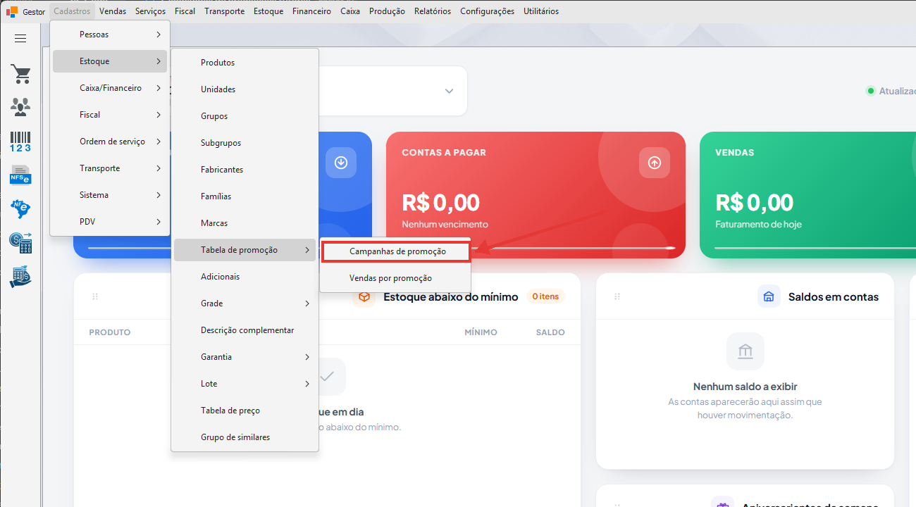 Menu Campanhas de promoção