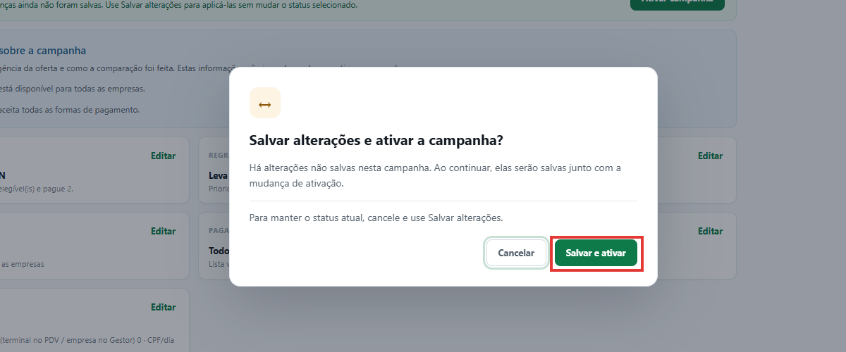 Salvar alterações e ativar a campanha?
