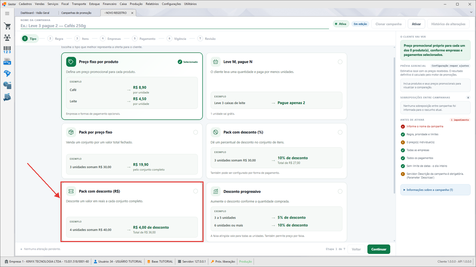 Etapa Tipo — cartão Pack com desconto (R$)