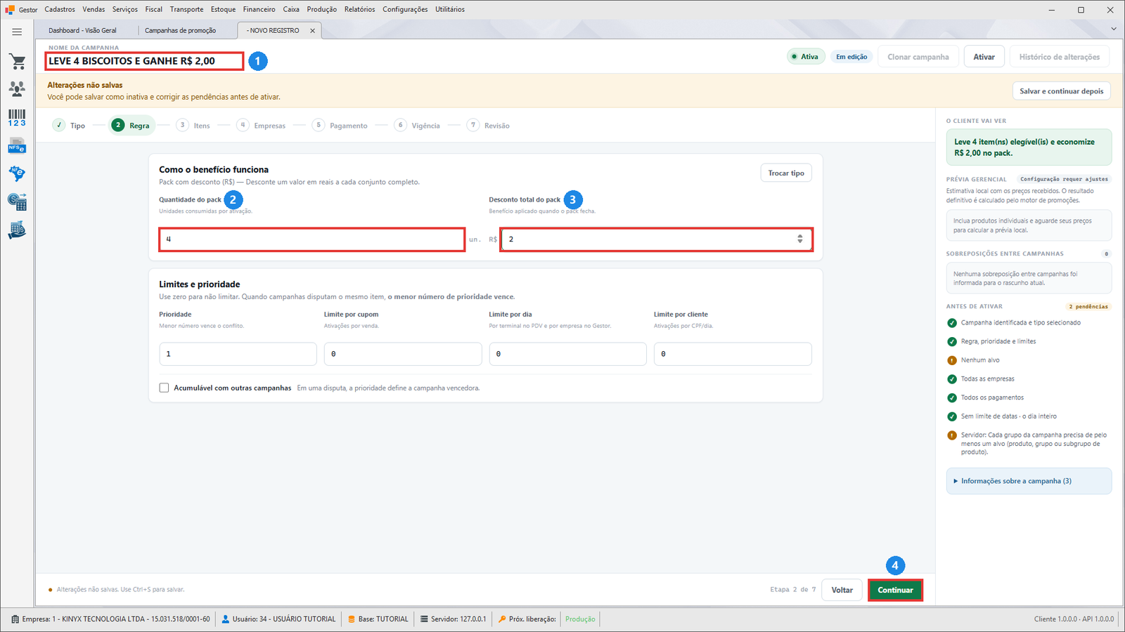 Etapa Regra — nome, Quantidade do pack e Desconto total do pack