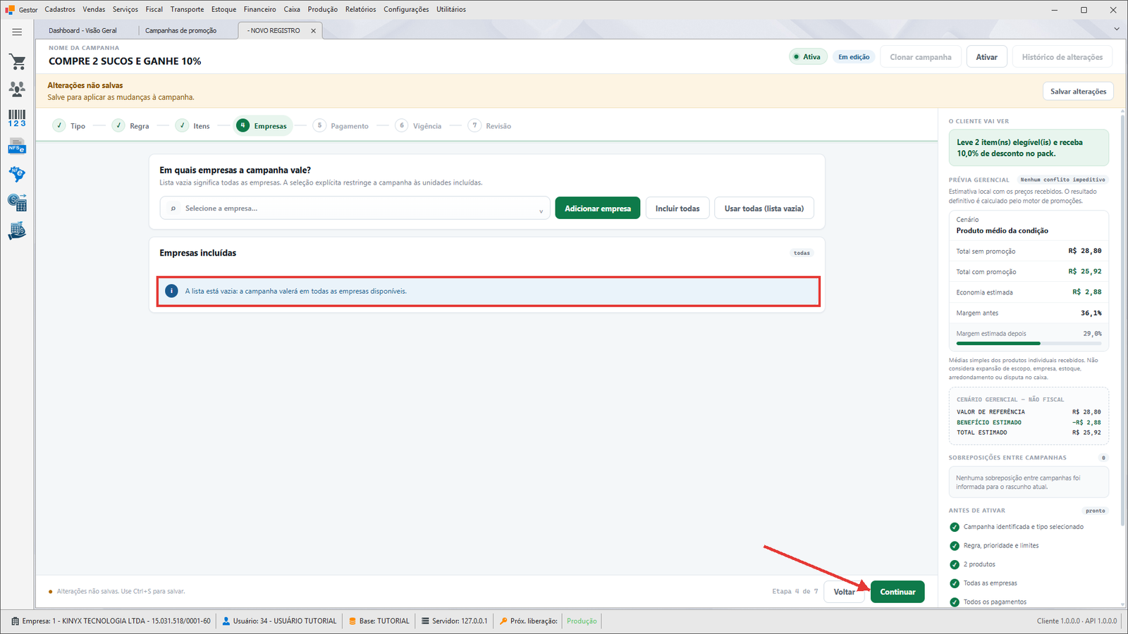 Etapa Empresas com a lista vazia