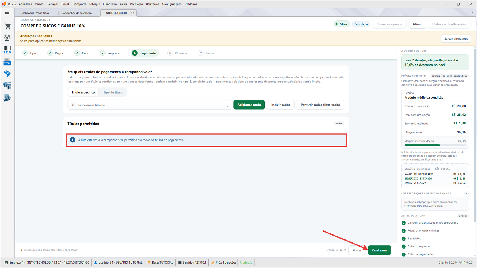 Etapa Pagamento com a lista vazia