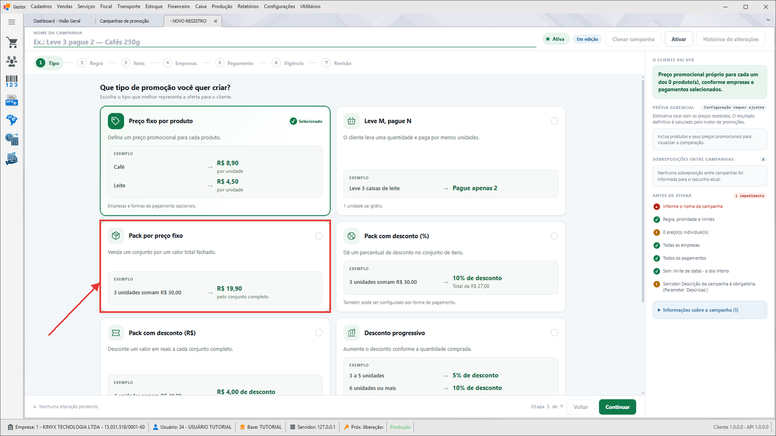 Etapa Tipo com o cartão Pack por preço fixo
