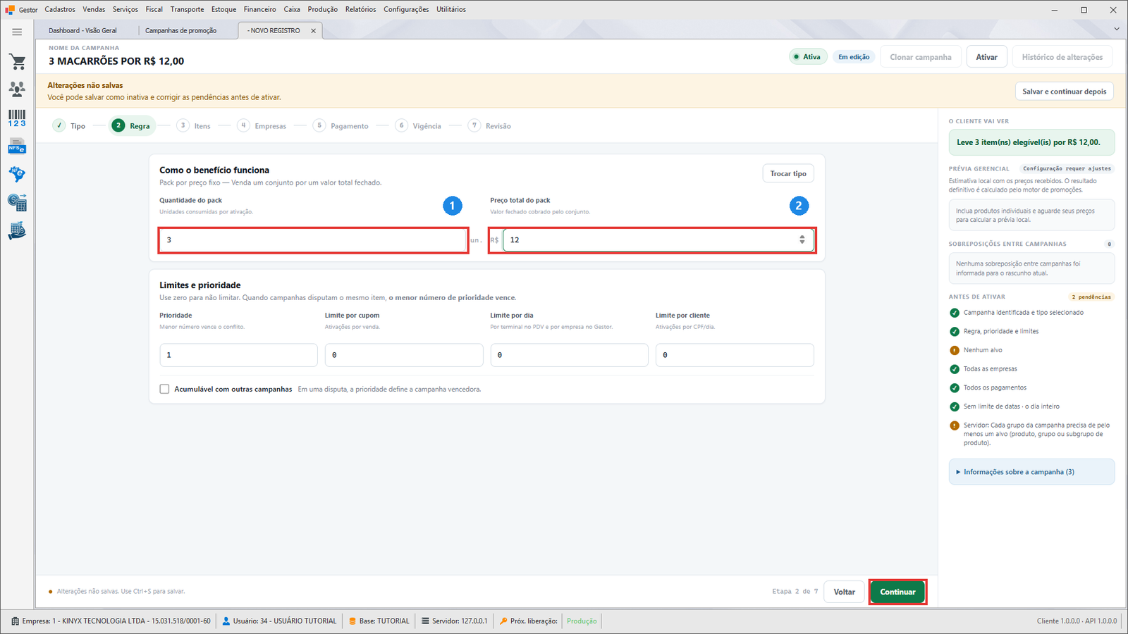 Etapa Regra com Quantidade do pack e Preço total do pack