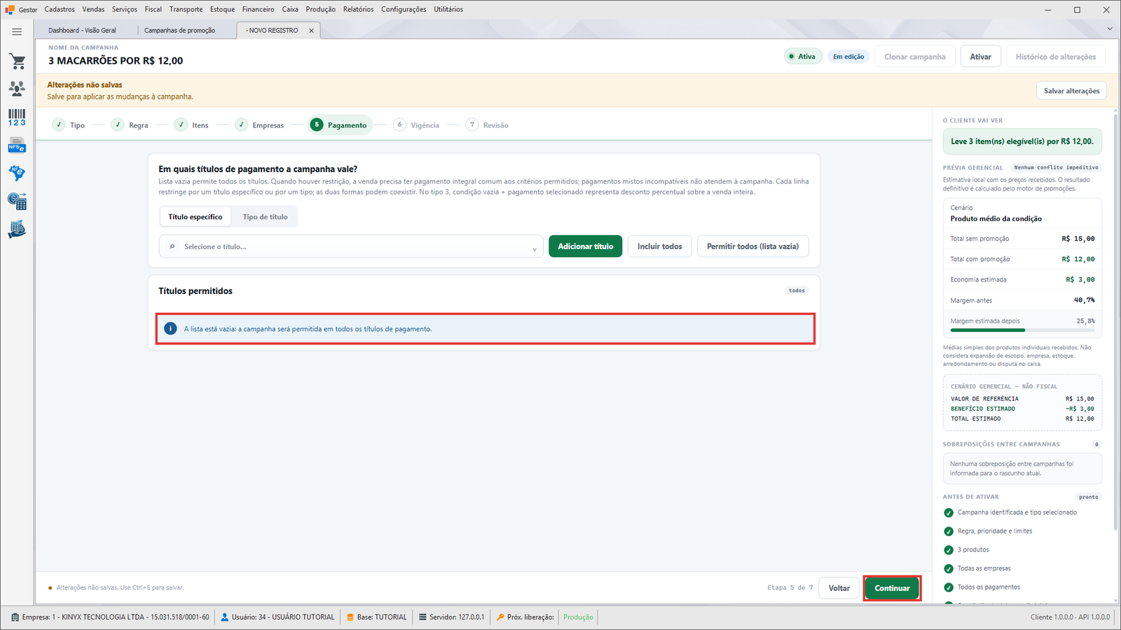 Etapa Pagamento com a lista vazia