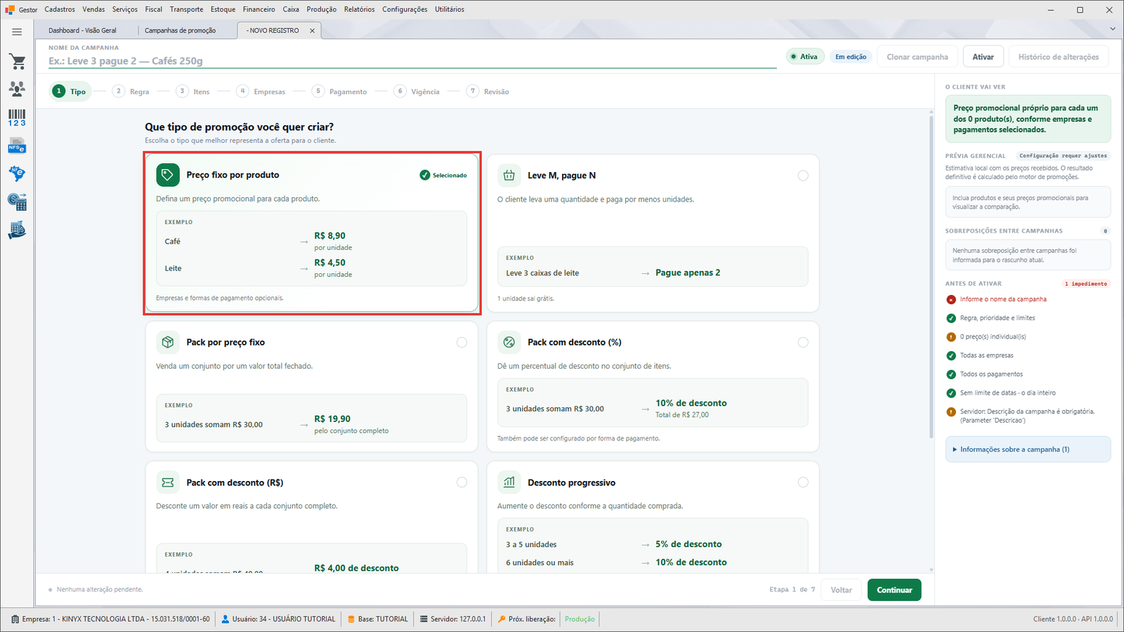 Etapa Tipo — card Preço fixo por produto