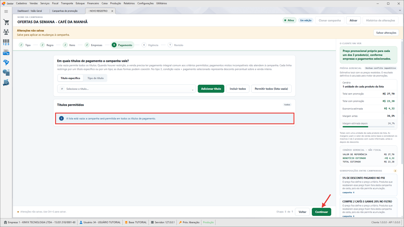 Etapa Pagamento — lista vazia