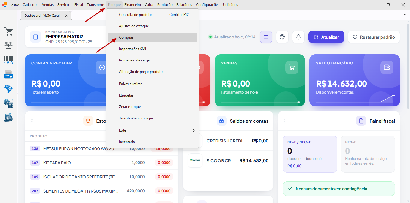 Menu Estoque com os itens Compras e Importações XML, e menu Fiscal com Manifestação DF-e