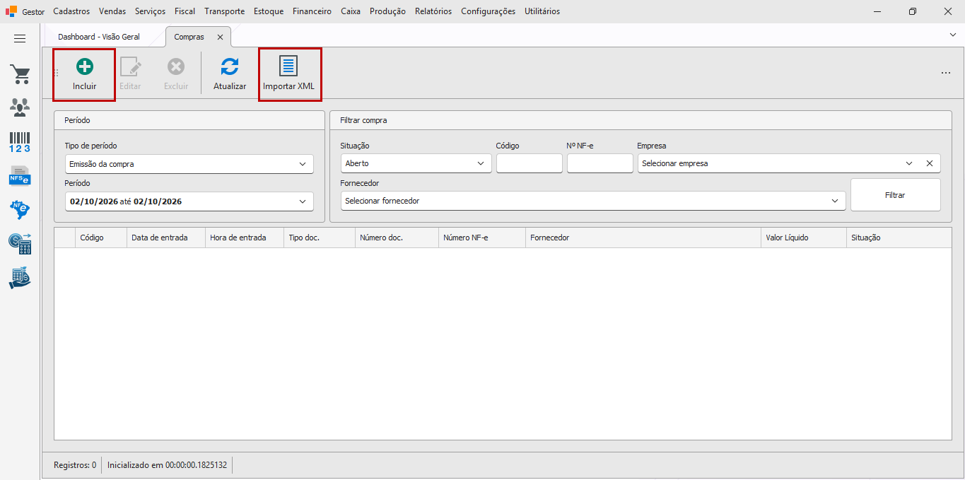Menu Estoque com os itens Compras e Importações XML, e menu Fiscal comManifestação DF-e