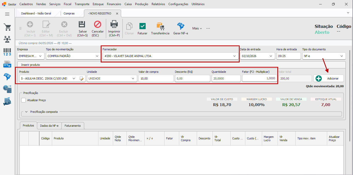 Grupo Inserir produto preenchido, com o botão Adicionar