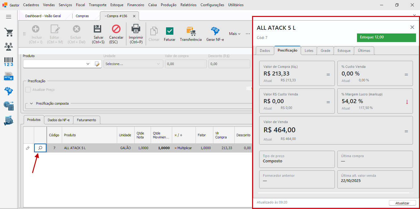 Painel de consulta do produto aberto ao lado da grade de itens