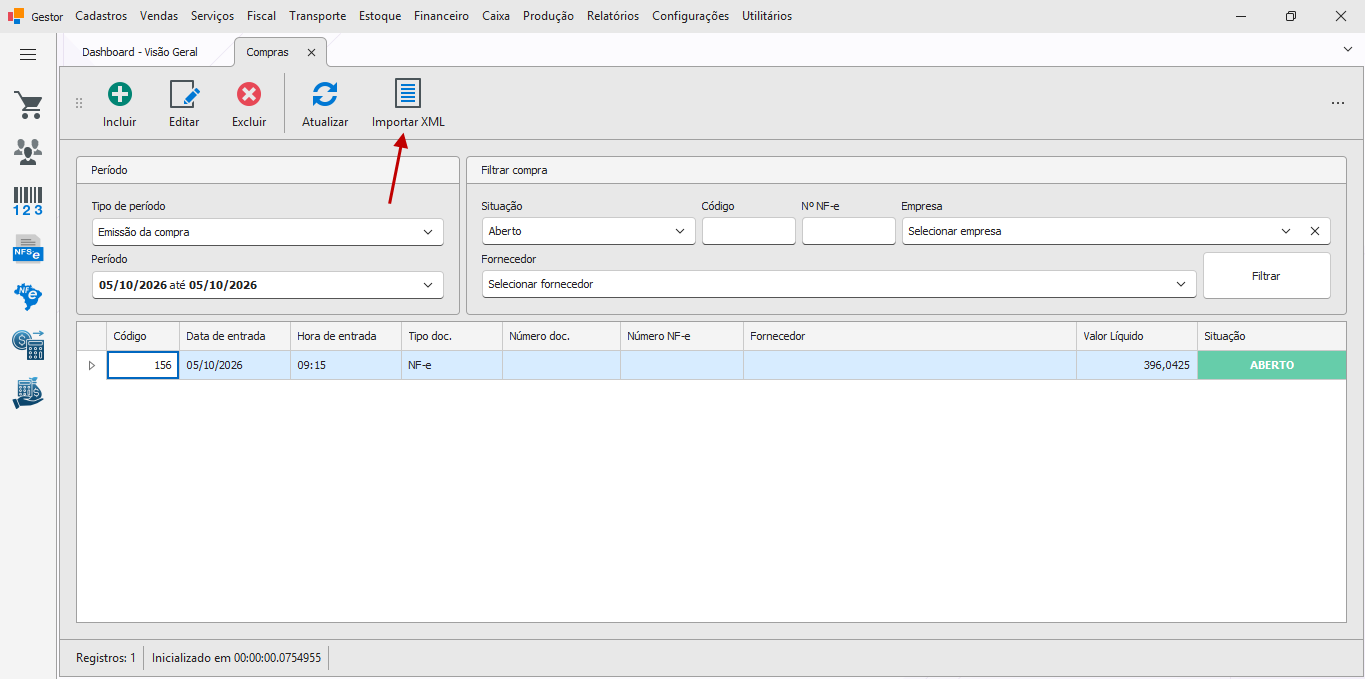 Botão importar xml