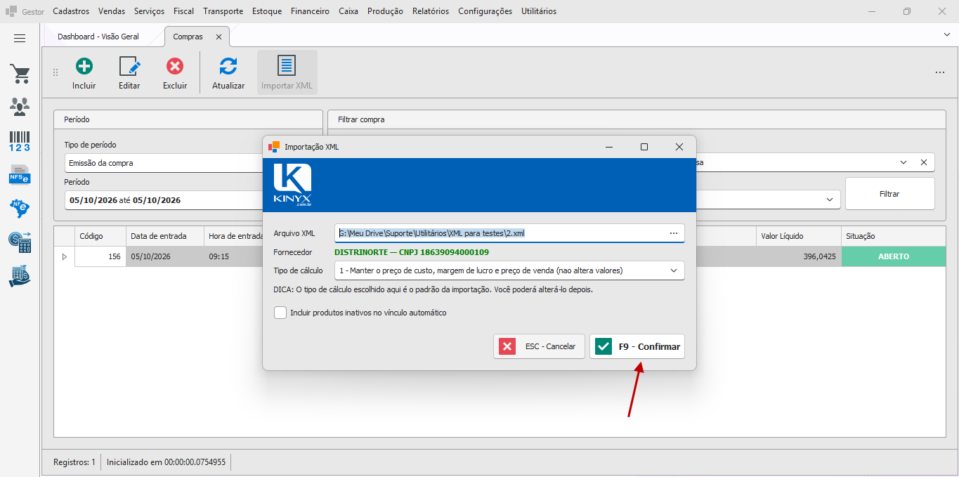 Janela Importação XML com fornecedor detectado e tipo de cálculo