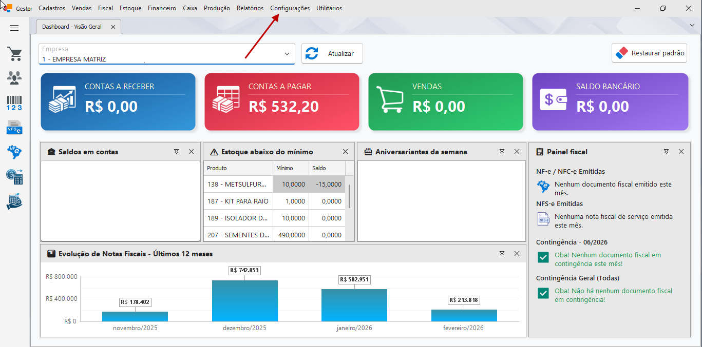 Menu de acesso as configurações