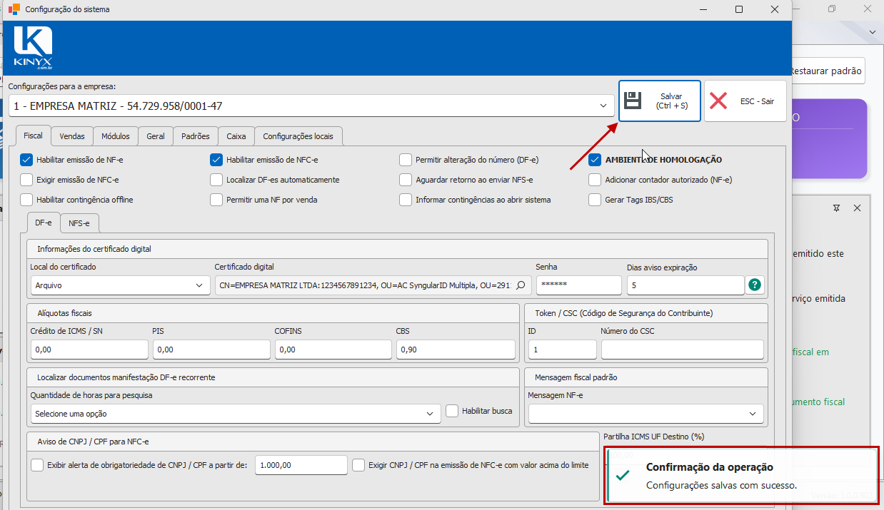 Mensagem de salvamento das configurações.