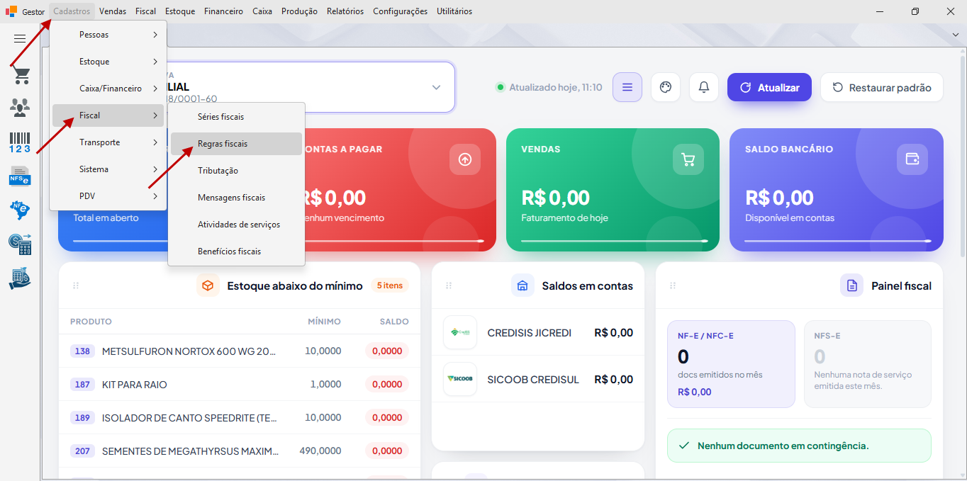 Menu Cadastros - Fiscal - Regras fiscais