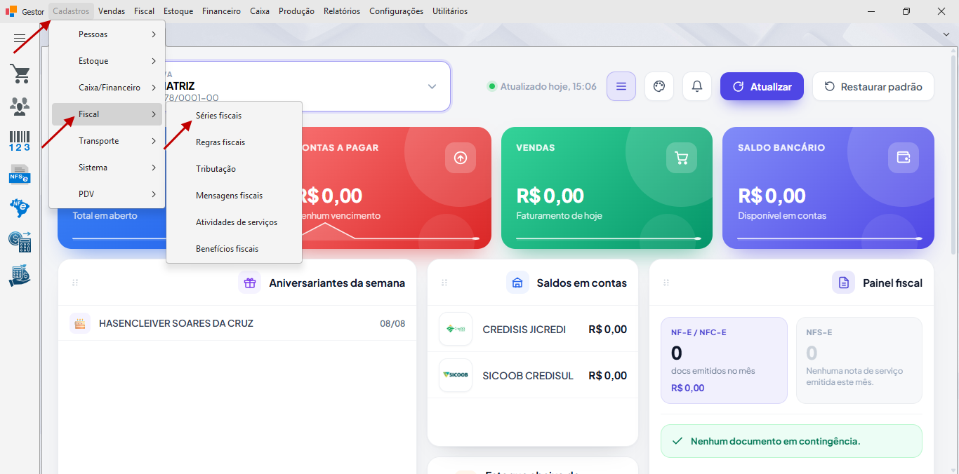 Menu Cadastros - Fiscal - Séries fiscais
