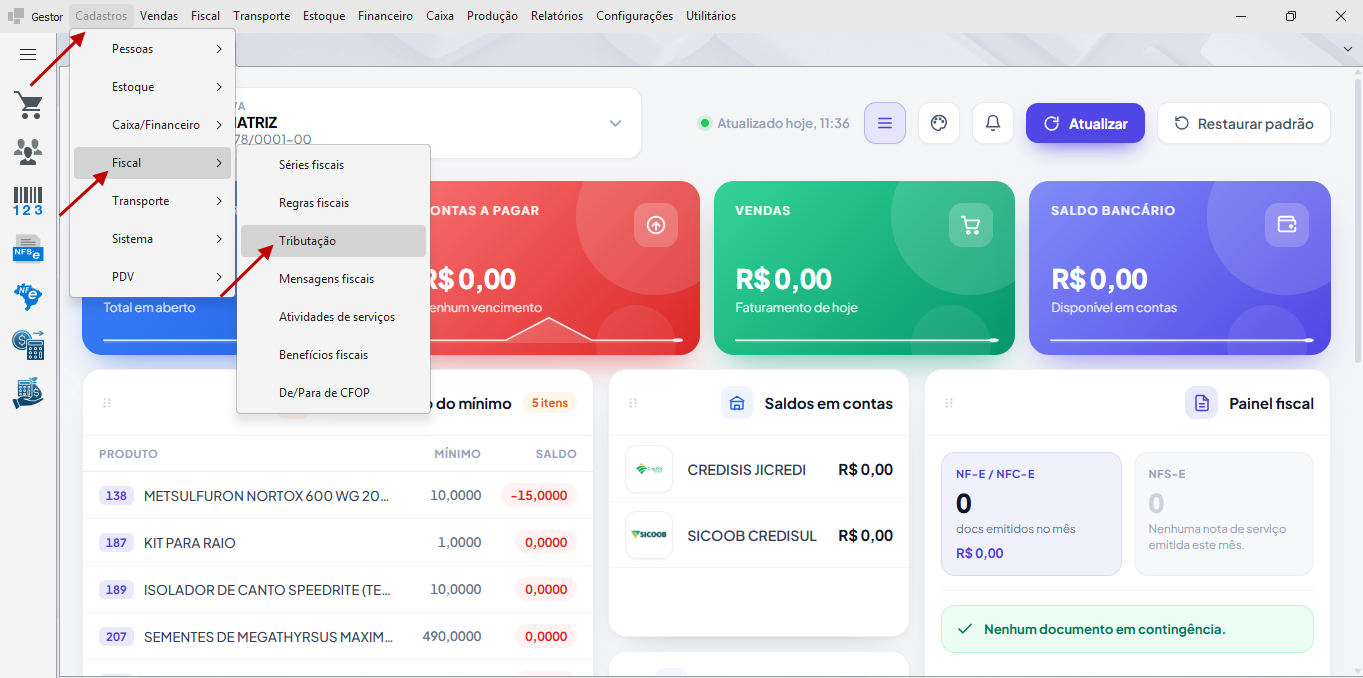 Menu Cadastros - Fiscal - Tributação