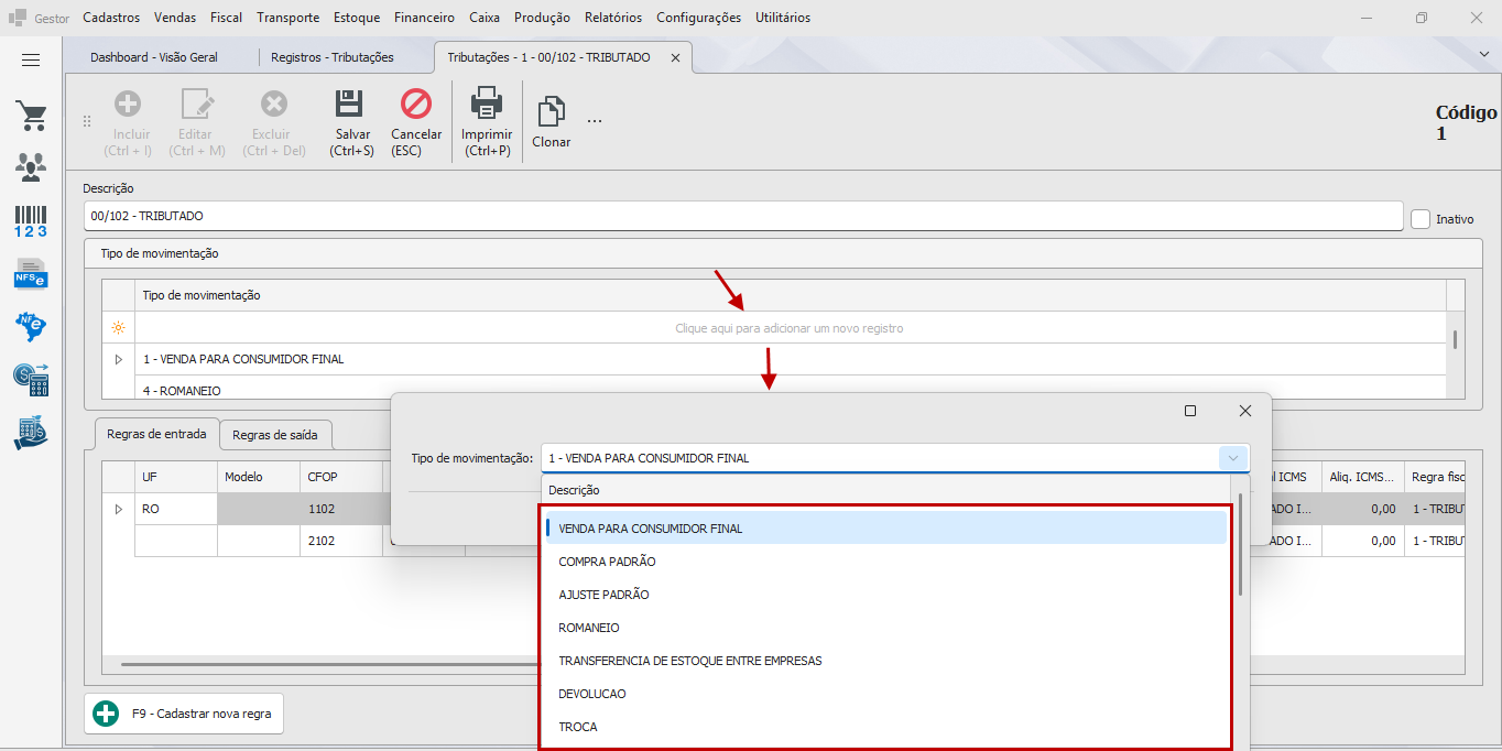 Grade Tipo de movimentação com o lookup aberto