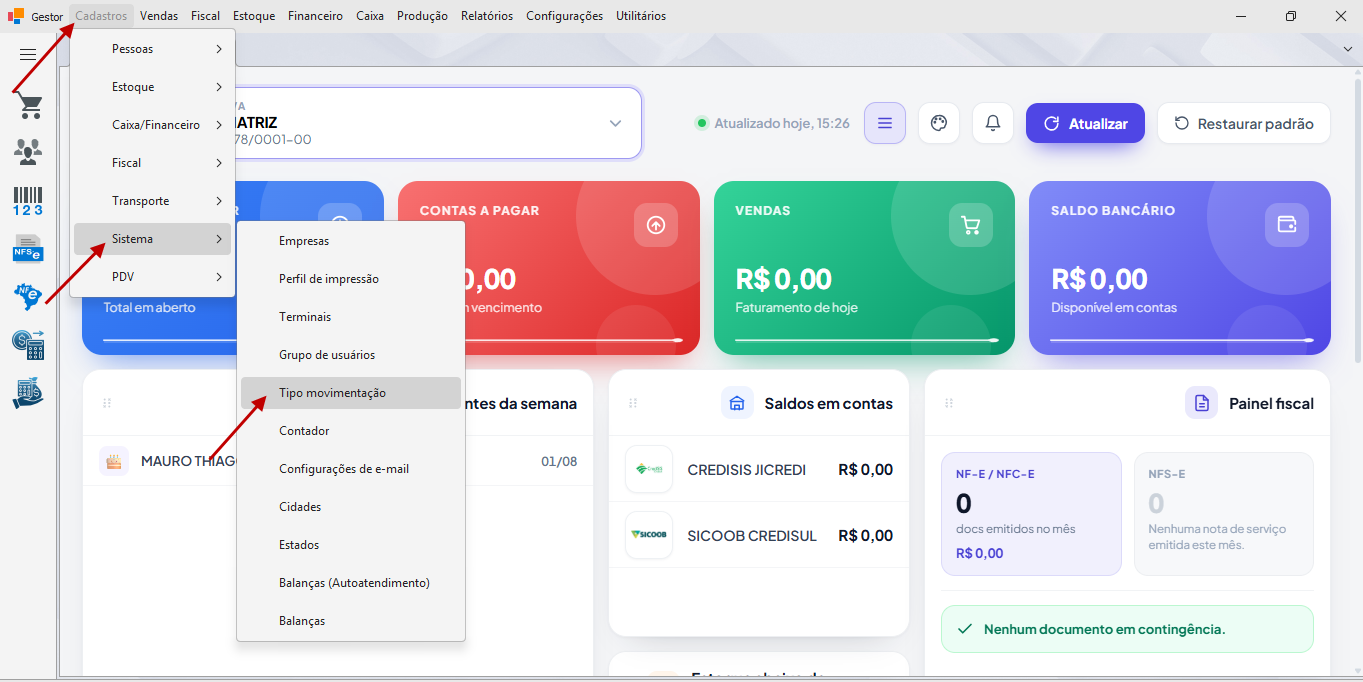 Menu Tipo movimentação