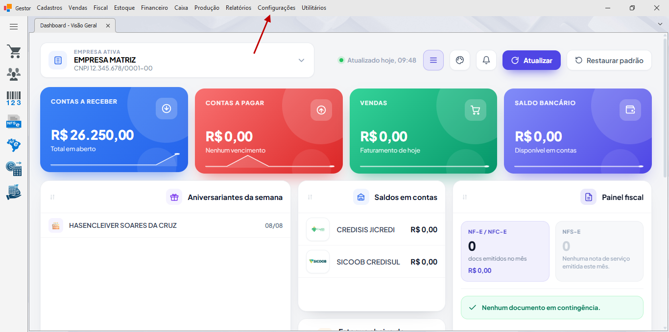 Tela de Configurações com as abas do sistema