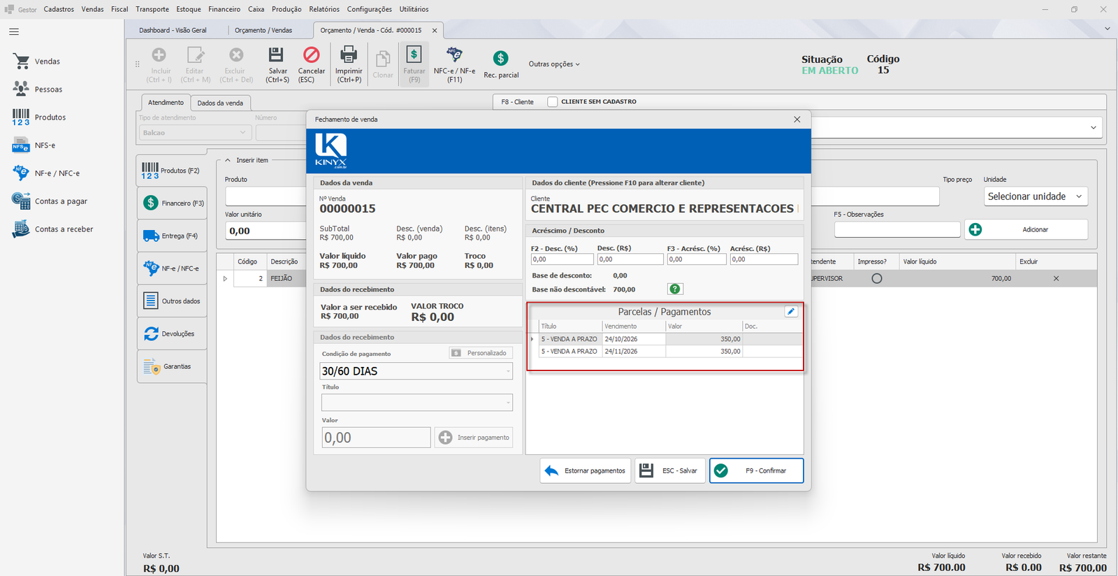 Orçamento — formas de pagamento / parcelamento