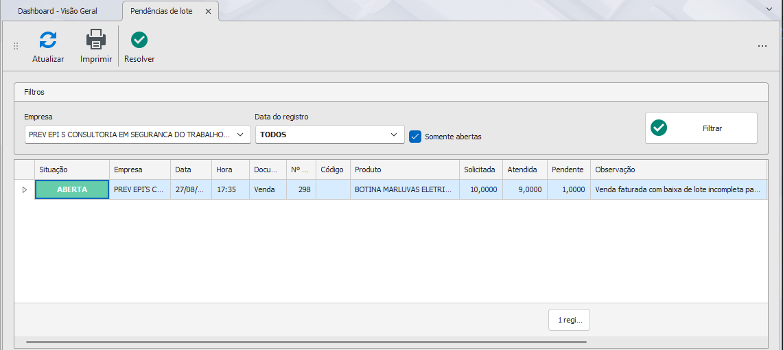 Resolver pendências de lote