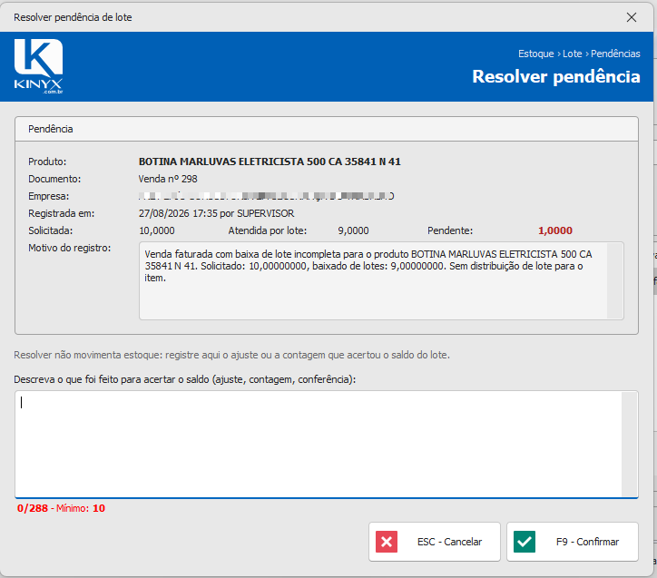 Resolver pendências de lote